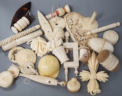 A mixed collection of antique ivory to include a late 18th / early 19th century Chinese carved cartouche, a simulated jockey cap tape measure, etc